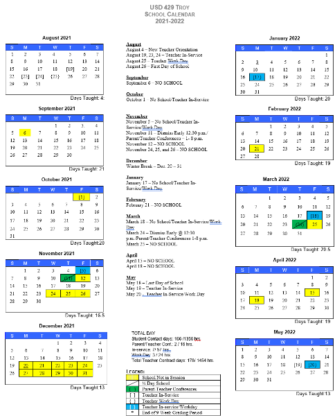 Troy Public Schools 2021 2022 Usd 429 Troy District Calendar